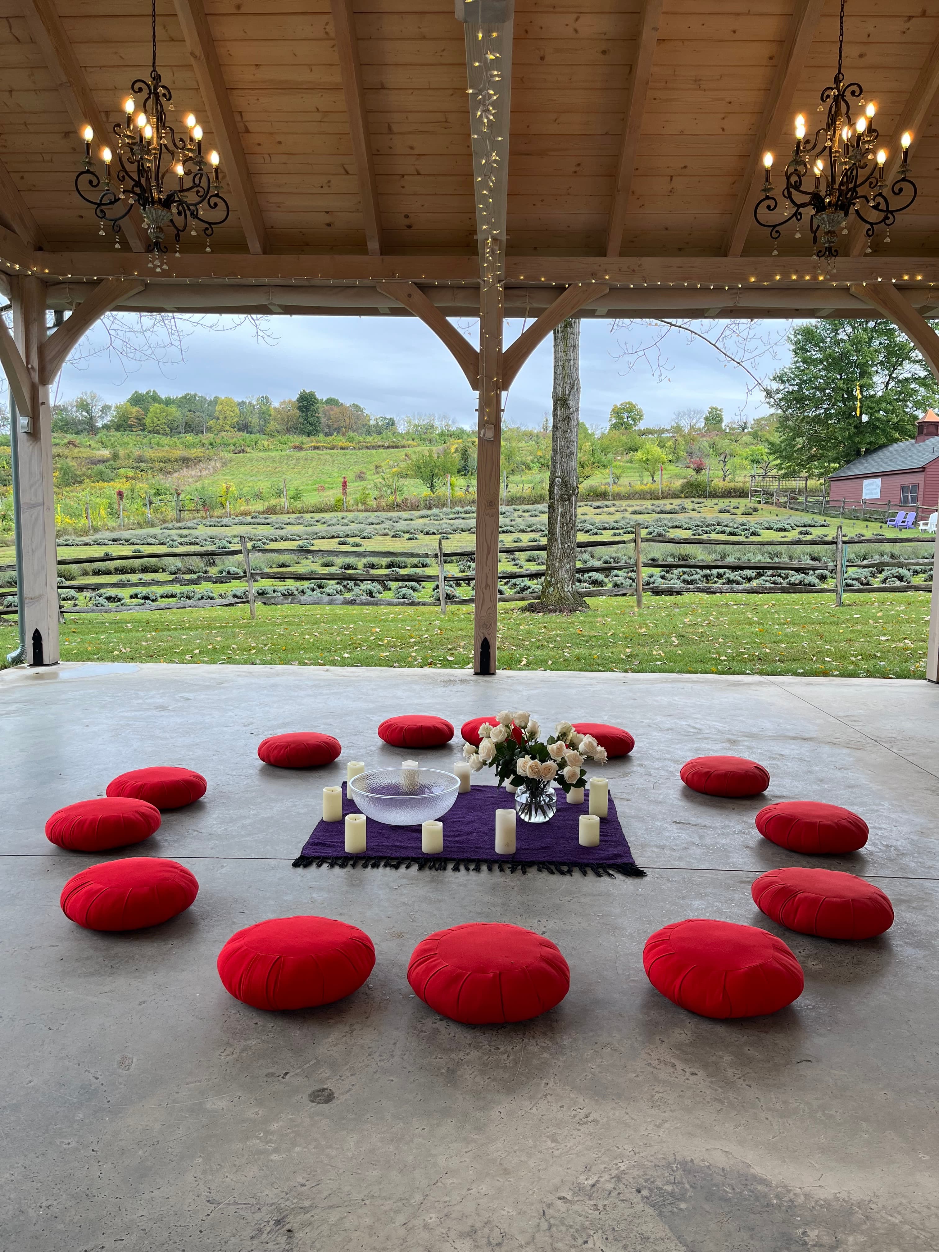 Meditation circle at Orchard View Lavender Farm with cushions arranged in the barn